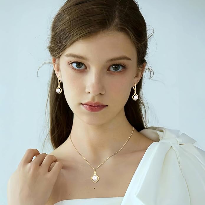 Pearl Jewelry Set for Women 18K Yellow-Plated Earrings & Necklace Silver Jewelry Gifts