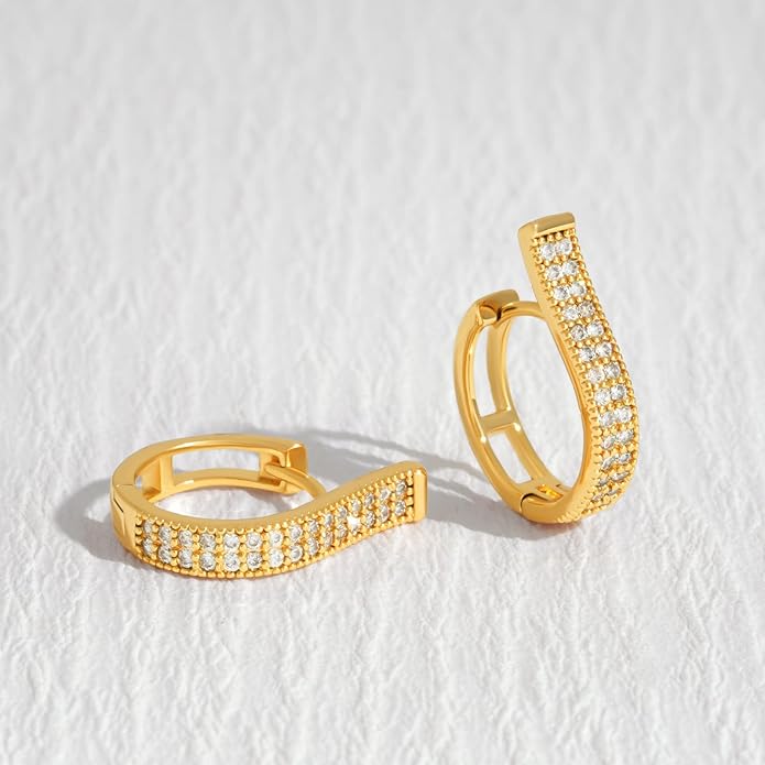 Gold Huggie Hoop Earrings 14K Gold Plated Dainty Chunky Thick Hoop Diamond Cubic Zriconia Inlay Sleeper Tiny Delicate Boho Beach Simple Hypoallergenic Jewelry Gift for Her