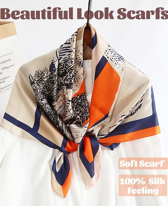 kcctoo 27.5" Mulberry Silk Feeling Head Scarf Women's Fashion Square Neck Satin Scarfs for Bag Hair Scarves Gift
