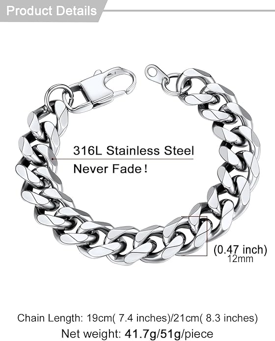 U7 Link Bracelets for Men, Cuban Link/Rope/Watch Band Solid Bracelet, Silver Black Gold Color Wrist Bracelet 3/6/9/12/15mm Width, 6.5/7.5/8.3 Inch Length, Hand Chain Jewelry for Mens Women