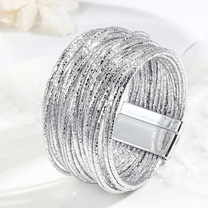 Fesciory Leopard Bracelet for Women, Boho Leather Wrap Multi-Layer Pearl Crystal Bracelet Bangle Jewelry