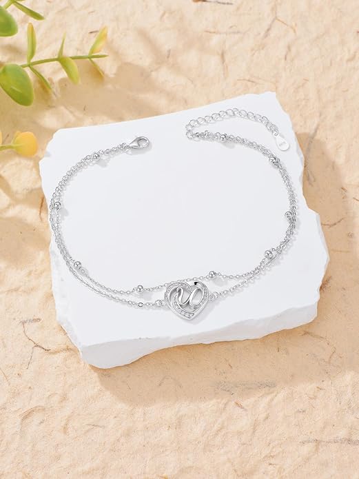 Dorunmo Initial Anklet 925 Sterling Silver Letter A-Z Layered Heart Anklet Beach Jewelry Birthday Gifts for Women