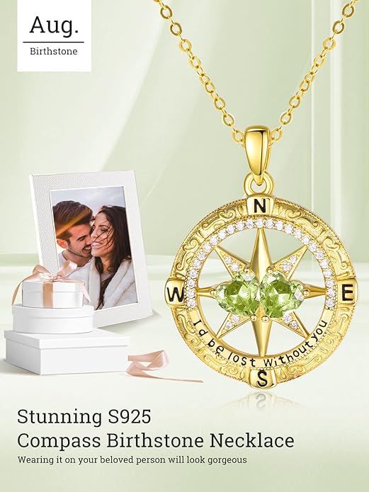 Zeuslia Double Birthstone Necklace Gifts for Wife - 925 Sterling Silver Sunflower/Rose/Crown Cross/Compass/Heart Pendant I Love You Necklace, Anniversary Birthday Gifts for Wife Girlfriend Mom Her