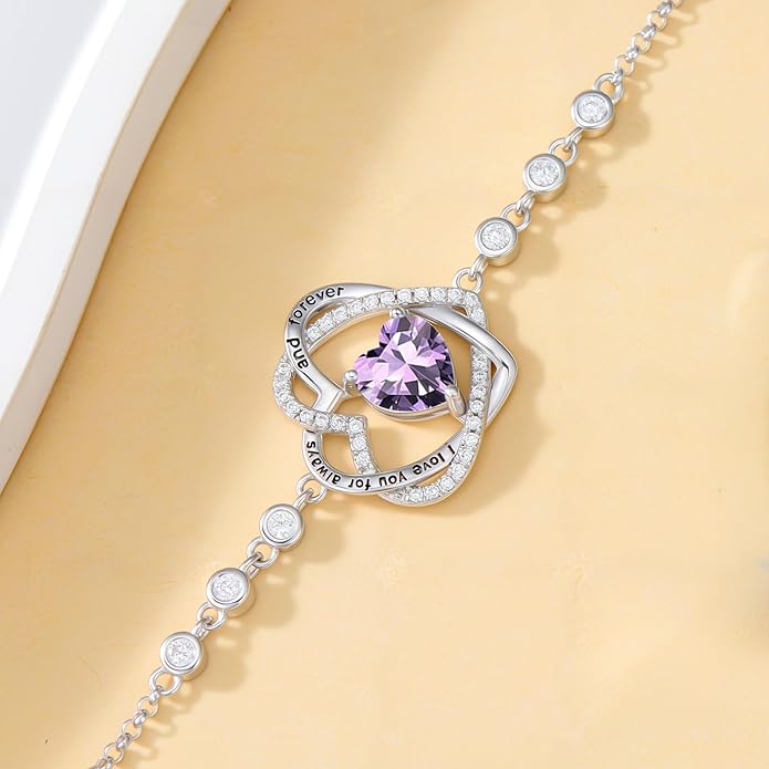 TOUPOP Heart Birthstone Bracelet 925 Sterling Silver Double Heart Bracelet Love You for Always and Forever Jewelry Anniversary Birthday Christmas Gifts for Women Wife Her