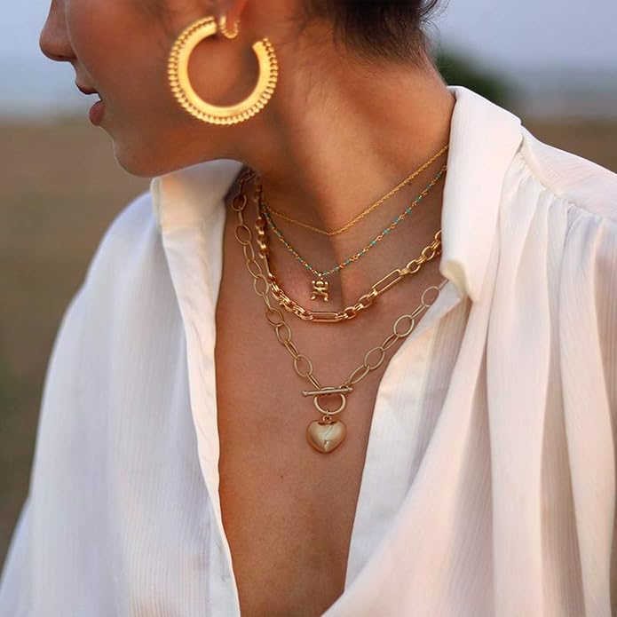 CANEVINKA Dainty Cross Medallion/Heart Pendant Chain Necklace 18K Gold Plated Oval Choker Fashion OT Toggle Jewelry Handmade for Women Simple Gold Charm Necklace