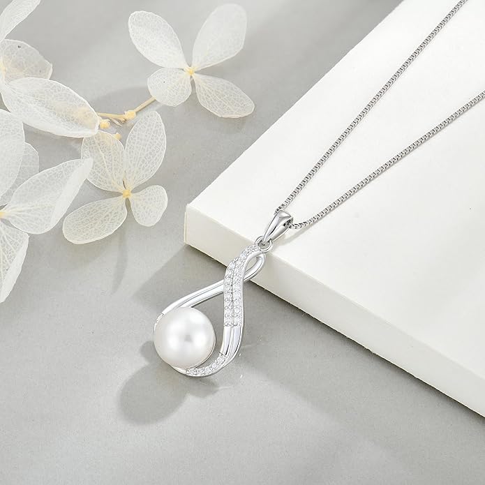 Veshon Celtic Infinity Pearl Pendant Necklace for Women, 925 Sterling Silver Good Luck Irish Pendant with 10MM Freshwater Cultured Pearl, White/Rose/ 14K Gold Plated Jewelry Gift