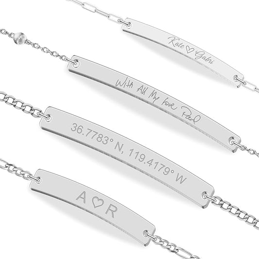 Personalized Sterling Silver/Stainless Steel Bar ID Bracelet - Custom Engraved Inspirational Words, Dates or Names- Adjustable - Gift Box Included - Elegant Jewelry for Anniversary, Birthday, Weddings