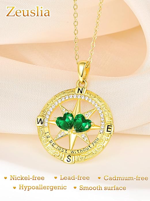 Zeuslia Double Birthstone Necklace Gifts for Wife - 925 Sterling Silver Sunflower/Rose/Crown Cross/Compass/Heart Pendant I Love You Necklace, Anniversary Birthday Gifts for Wife Girlfriend Mom Her