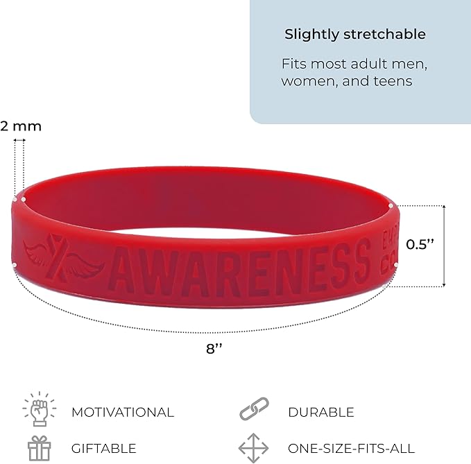 Inkstone (12-pack) Red Awareness Ribbon Silicone Wristbands - Wholesale Pack of 1 Dozen Support Bracelets for Unisex Adults…