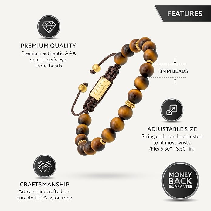 RTZN® Tigers Eye Bracelet for Men – Premium Artisan Handcrafted Golden Brown Tiger Eye Bead Bracelets – Natural Stone Tiger Eye Bracelet Men – Beaded Bracelets for Men