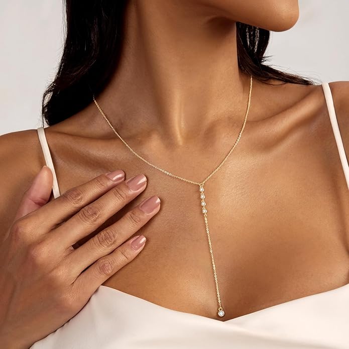 Zeffy Lariat Gold Necklace for Women, Dainty Long Necklace 14k Gold/Silver Plated Layered CZ Beaded Bar Chain Y-Shaped Body Chain Stack Drop Wedding Necklace Trendy Simple Gold Jewelry Gifts