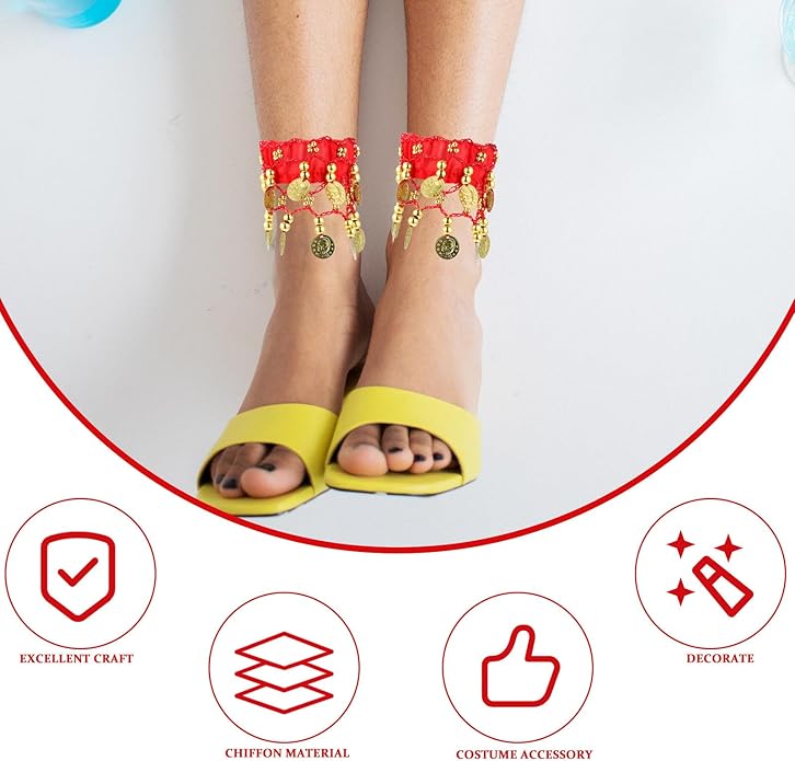 Belly Wrist Arm Bracelet - 2pcs Belly Ankle Bracelets with Coins Jewelry Anklet Chiffon Cuff Wrist Ankle Cuffs Costume Accessories
