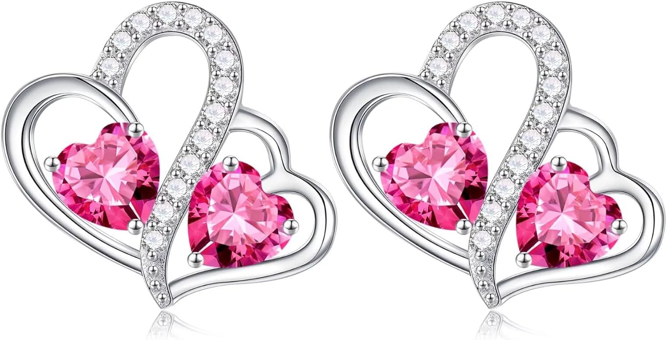 Iefil Valentines Day Gifts for Her - Birthstone Earrings Gift for Women, 925 Sterling Silver Double Heart Birthstone Earrings | Anniversary Birthday Gifts for Women, Personalized Jewelry for Wife Mom