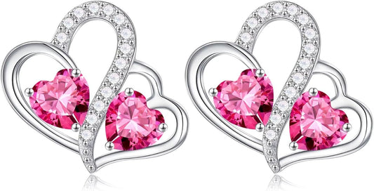 Iefil Valentines Day Gifts for Her - Birthstone Earrings Gift for Women, 925 Sterling Silver Double Heart Birthstone Earrings | Anniversary Birthday Gifts for Women, Personalized Jewelry for Wife Mom