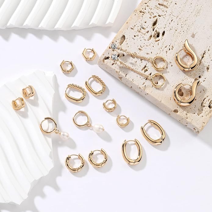 9 Pairs Gold Chunky Hoop Earrings Set for Women, 14K Gold Plated Twisted Huggie Hoop Earring Hypoallergenic, Lightweight Thick Open Hoops Earrings Jewelry Gifts.