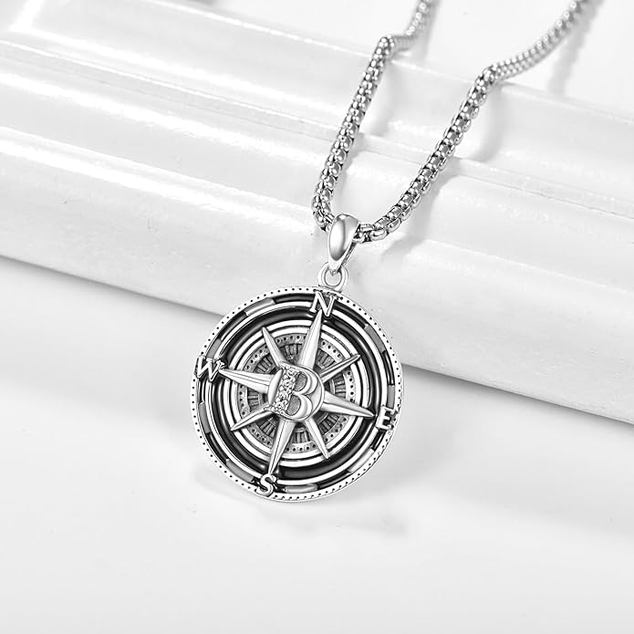 KINGWHYTE Compass Necklace for Men 925 Sterling Silver Birthday Gifts Graduation Travel Jewelry for Husband Brother with Stainless Steel Chain