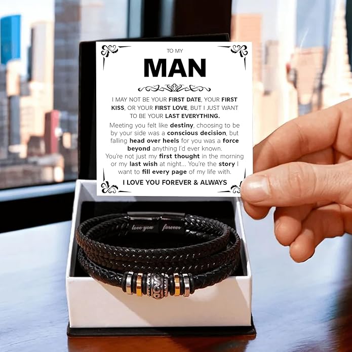 Mapileng To My Man – Braided Leather & Stainless Steel Bracelet with Heartfelt ‘Love You Forever’ - Elegant Gift Box Included, Gift from Girlfriend or Wife for Husband, Boyfriend, or Brother