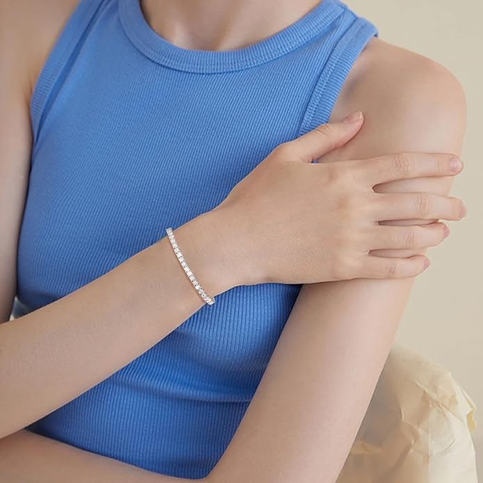 Moissanite Tennis Bracelet 1.52ct-7.76ct Adjustable Bracelet for Women 18K White Gold Plated S925 Sterling Silver Tennis Bracelet D Color VVS1 Round Cut 2/3/4mm Moissanite Bracelet Gifts for Wife/Mom