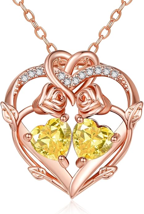 Rose Gold Necklaces for Women Double Birthstone Rose Flower Heart Pendant Necklace Jewelry Anniversary Christmas Valentine's Mother's Day Birthday Gift for Wife Mom Her Girlfriend Sister