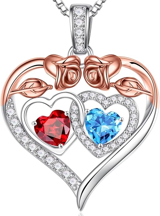 Iefil Double Birthstone Necklace Gifts for Wife Girlfriend Her Women, Birthstone Jewelry Gemstone Valentines Birthday Gifts for Her Women Wife Mom Grandma