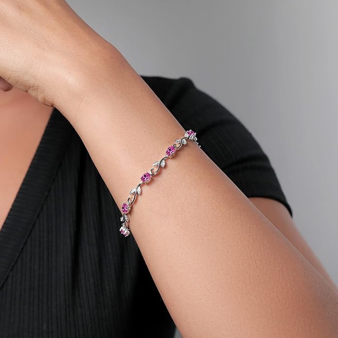 Gem Stone King 925 Sterling Silver Pink Created Sapphire and Diamond Greek Vine Tennis Bracelet For Women (4.63 Cttw, 7 Inch, Oval 6X4MM)