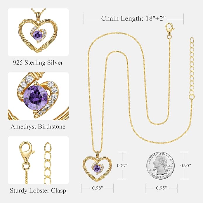 G&GEMSJEW 18K Gold Heart Birthstone Necklaces for Women, S925 Sterling Silver Jewelry Birthday Gifts for Women Wife Girlfriend Mom, Anniversary Christmas Valentines Gifts