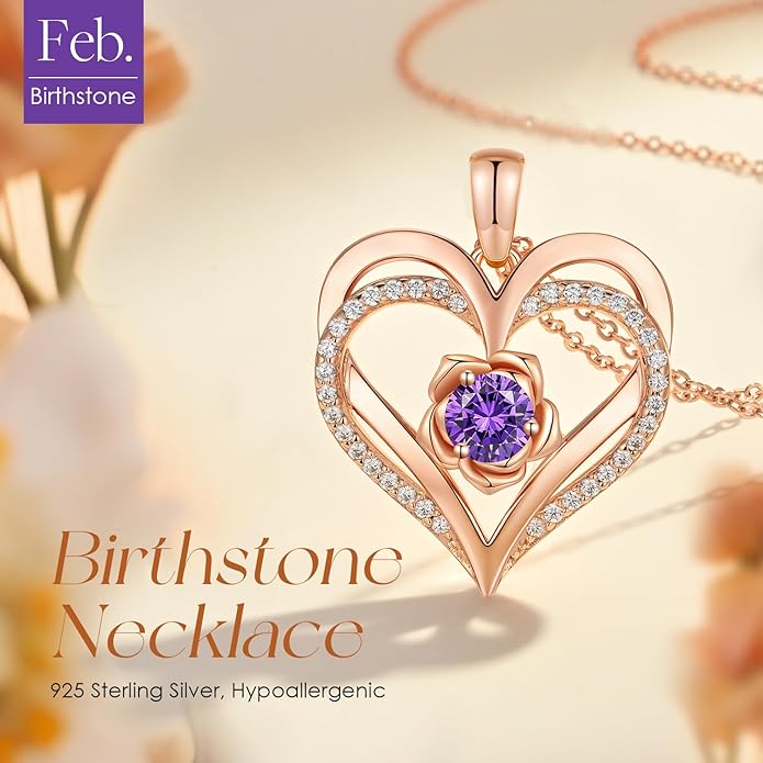 CDE Christmas Gifts for Women S925 Silver Rose Gold Heart Birthstone Necklaces for Women，Ideal Anniversary or Birthday Jewelry Gifts for Wife Girlfriend Her