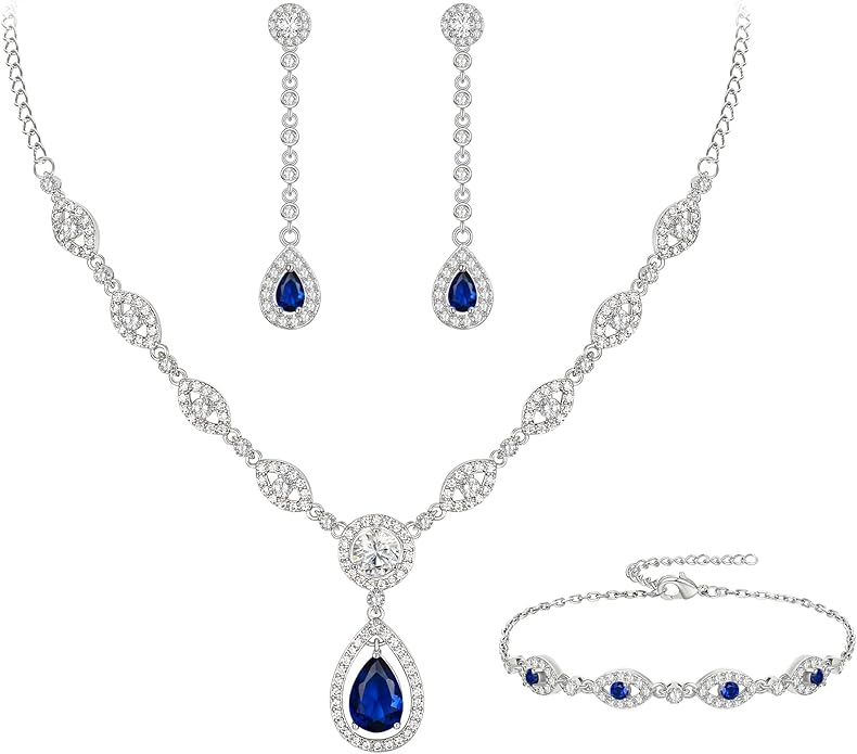 EVER FAITH Bridal Jewelry Set for Women, Stunning Teardrop Cubic Zirconia Birthstone Necklace Bracelet Earrings Sets Gift for Mothers Day/Valentines/Birthday/Christmas
