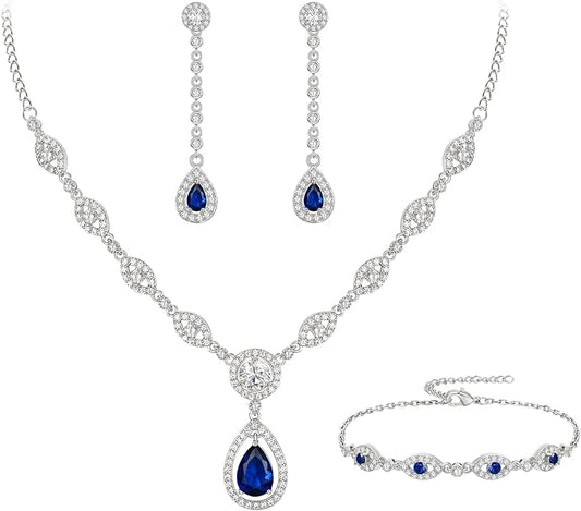 EVER FAITH Bridal Jewelry Set for Women, Stunning Teardrop Cubic Zirconia Birthstone Necklace Bracelet Earrings Sets Gift for Mothers Day/Valentines/Birthday/Christmas