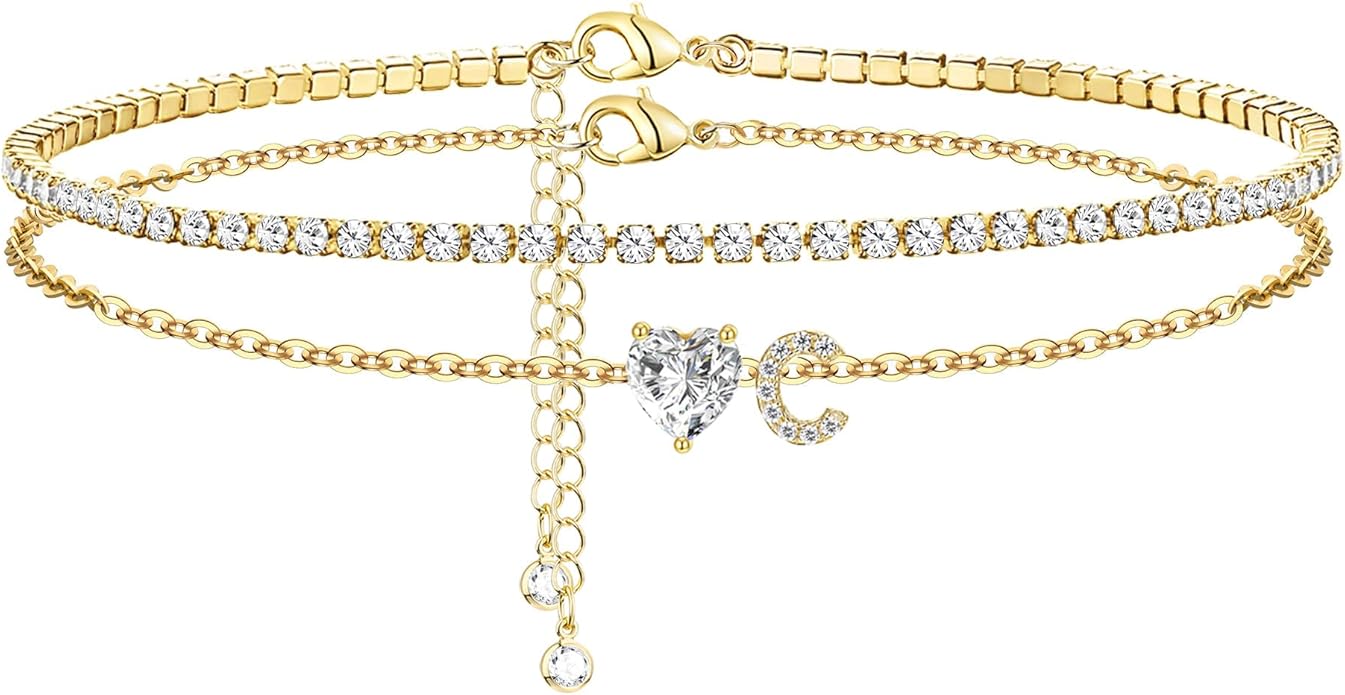 Gold Initial Ankle Bracelets for Women 14K Gold Plated CZ heart Tennis Anklets for Women Waterproof Layered Adjustable Letter Anklets Large Ankle Summer Beach Foot Jewelry