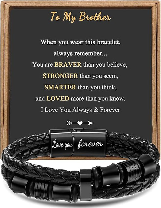 𝐆𝐢𝐟𝐭 𝐟𝐨𝐫 𝐌𝐞𝐧 Braided 𝐋𝐞𝐚𝐭𝐡𝐞𝐫 𝐁𝐫𝐚𝐜𝐞𝐥𝐞𝐭 for Men Dad Husband Boyfriend Son Grandson Brother Stainless Steel Clasp Engraved with Love You Forever Jewelry Birthday Gift 7.5 8.5 9 Inch