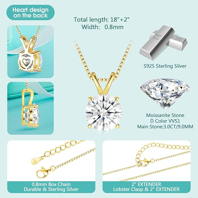 Moissanite Solitaire Necklace for Women, 1-3 Carat Lab Grown Diamond Pendant Jewelry D Color VVS1, S925 Sterling Silver with Gold Plating, 18+2” Silver Chain, Heart Engraving Gift for Wife Girlfriend Mom Yourself on Anniversary Birthday Wedding