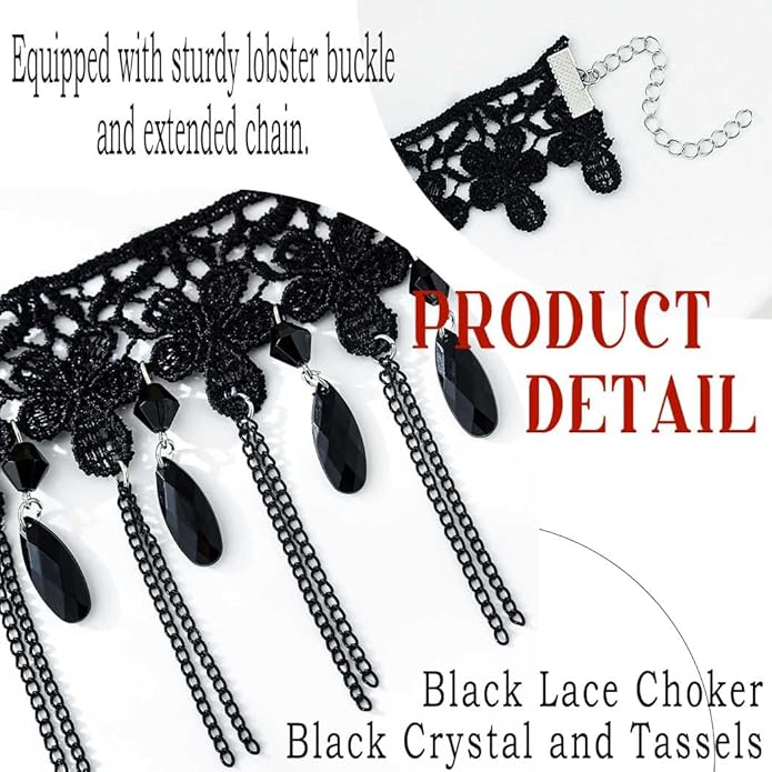 Gothic Black Choker Necklace Lace Collar Necklace Black Crystal Pendant Necklace Halloween Necklaces for Women
