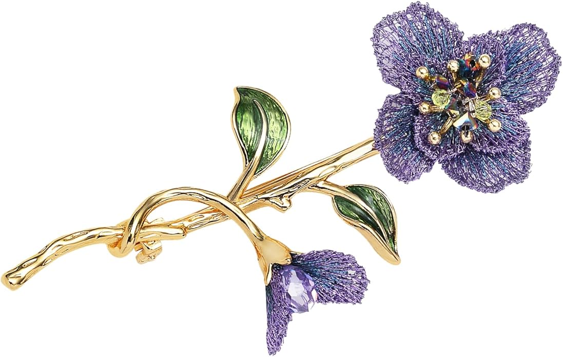 Forget me not Flower Brooch Handmade Gold Thread Embroidered and hand-Drip Enamel leaf, Gradient Botanical Floral Brooch pins for women, SHE'S FREE STYLE JUST FOR YOU [Bencao Gangmu Series]Vintage Plant Jewelry