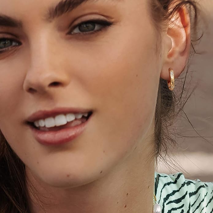 Gold Huggie Hoop Earrings 14K Gold Plated Dainty Chunky Thick Hoop Diamond Cubic Zriconia Inlay Sleeper Tiny Delicate Boho Beach Simple Hypoallergenic Jewelry Gift for Her