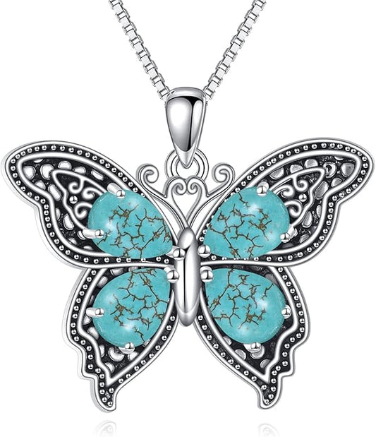 Turquoise Butterfly Necklace for Women, Sterling Silver Vintage Filigree Dainty Pendant Boho Jewelry, Ideal Birthday Valentine's Gift
