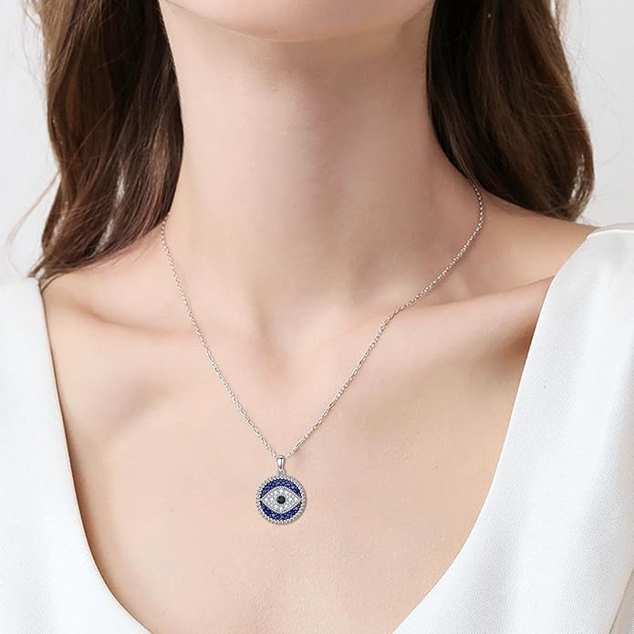 YFN Evil Eye Pendant Necklace for Women 925 Sterling Silver Greek Protection Jewelry with Blue Sapphire and Black Cz Amulet Gift