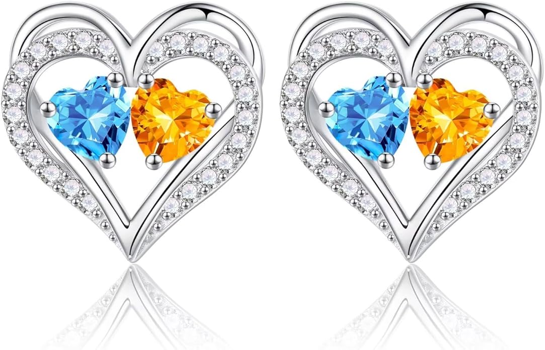 Iefil Birthstone Earrings for Women - 925 Sterling Silver Heart Earrings Anniversary Birthday Gifts for Women Wife Girlfriend Mom