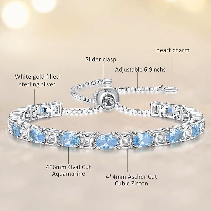 Sterling Silver Birthstone Bracelets for Women White Gold Tennis Bracelets Adjustable Chain 6-9 Inchs Jewelry Hypoallergenic Anniversary Birthday Gifts for Women Mom Wife Her