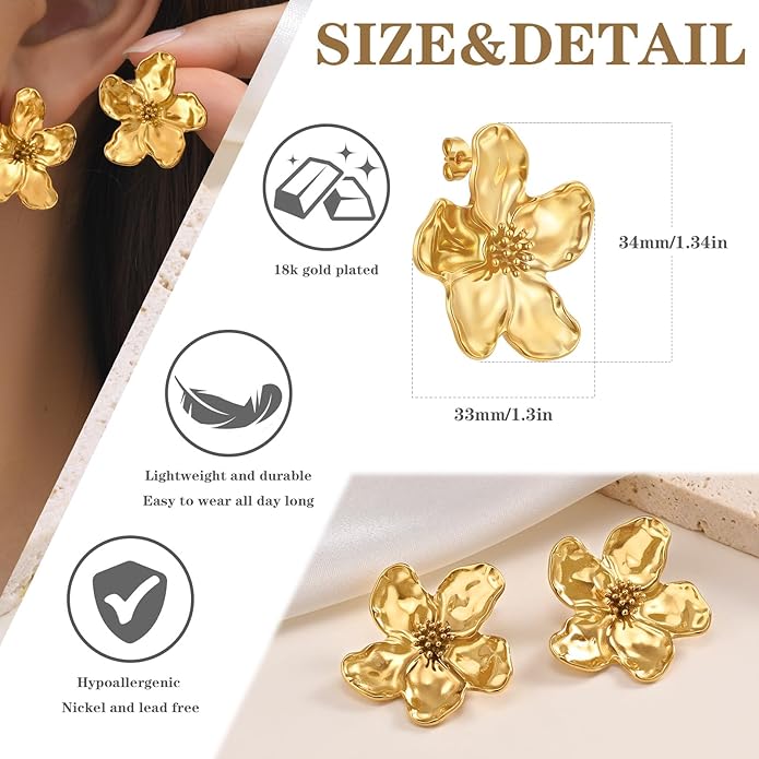 Womens Floral Gold Studs Earrings - 14K Gold Plated Earring,Personality Summer Big Flower Stud,Hypoallergenic Statement Chunky Ear Rings Aretes Trendy Jewelry,Christmas Birthday Prom Gifts for Her
