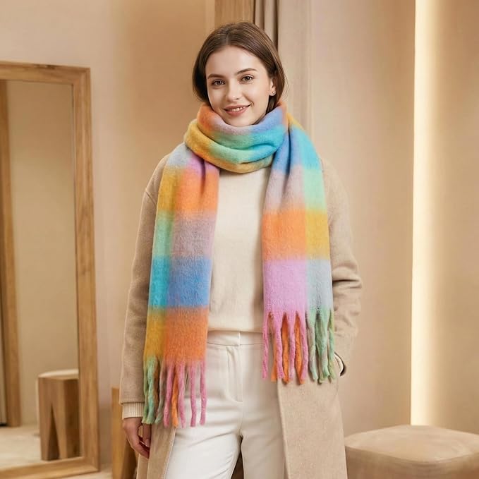 SHOHOKU Large Chunky Plaid Scarf Coloured Checked Oversized Scarf Tassel Soft Fall Winter Thick Warm Shawl Women