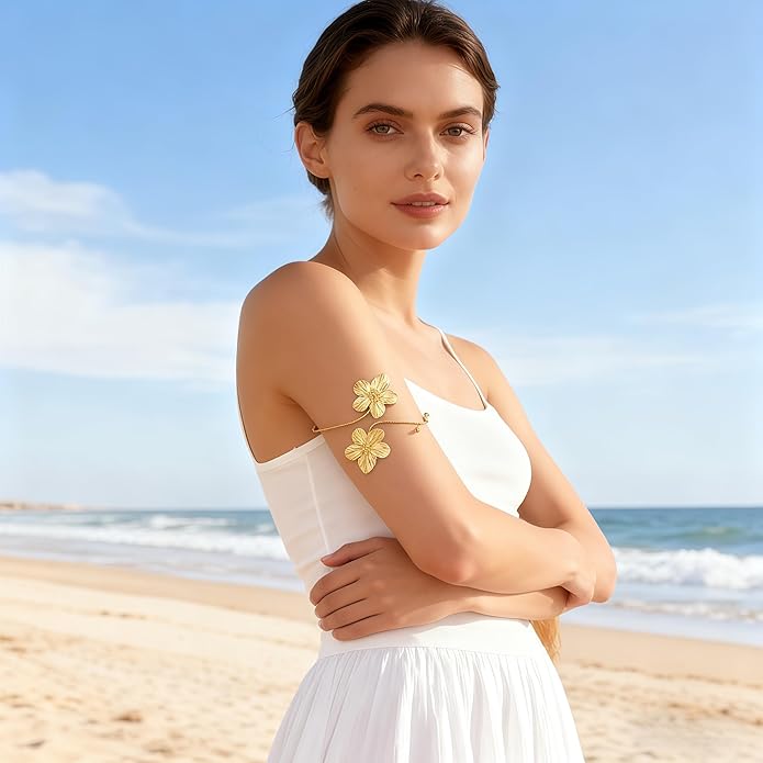 Gold Flower Arm Cuff | Adjustable Cherry Blossom Arm Bracelet Upper Arm | Boho Jewelry for Women, Daily/Party Gift