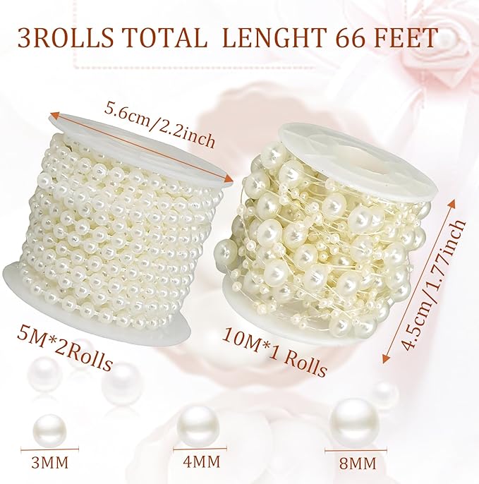 Fbshicung 3 Rolls Pearls String Beads Decoration Pearl Garland for Christmas Tree Faux Pearl Garland Roll Strand for Crafting String of Flowers Wedding,66 Feet (Ivory)
