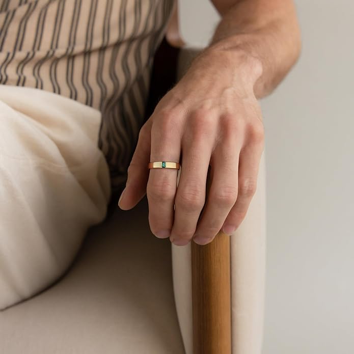 JSJOY Gold Rings that Don't Tarnish Mens Wedding Band Promise Rings Emerald Cut Engagement Ring Wedding Gifts for Newlyweds Husband Birthday Gifts for Men Him Boyfriend