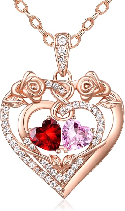 JIYVY32 Rose Heart Necklace for Women Exquisite 925 Sterling Silver Anniversary Birthday Gifts for Wife Mom Her Double Birthstone Pendant Jewelry