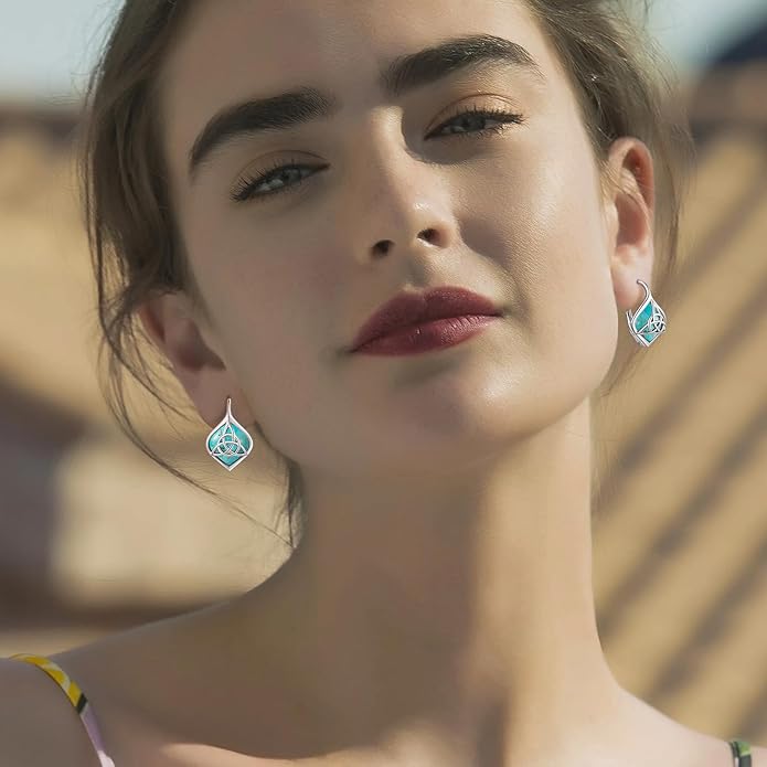 Turquoise Earrings for Women 925 Sterling Silver Celtic Knot Dangle Drop Earrings with Leverback Clasp Boho Jewelry Gifts