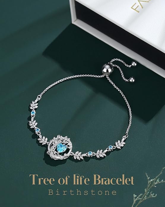 FANCIME Tree of life Birthstone Bracelet for Women Sterling Silver Tree Jewelry Birthstone Charm Bracelet Gemstone Anniversary Birthday Christmas Gifts for Wife Mom Her