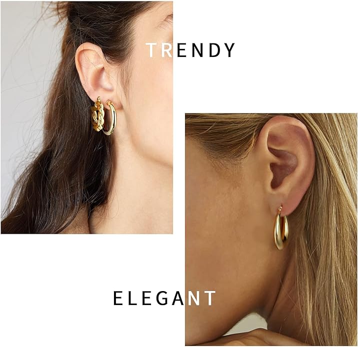 Yesteel 9 Pairs Gold Hoop Earrings for Women, 925 Sterling Silver Post 14K Real Gold Plated Chunky Hoop Earrings Set for Women Hypoallergenic Thick Lightweight Earring for Womens Jewelry Gifts
