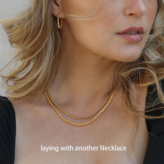 Layered Necklaces for Women, Dainty 14K Gold Plated Herringbone Chain Necklace Set Chunky Gold Necklace Stack Layering Choker Necklaces for Women Trendy Fashion Waterproof Jewelry