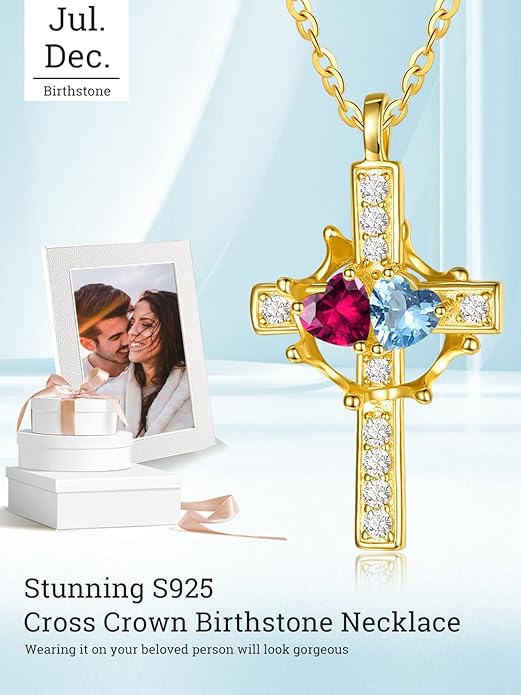 Zeuslia Double Birthstone Necklace Gifts for Wife - 925 Sterling Silver Sunflower/Rose/Crown Cross/Compass/Heart Pendant I Love You Necklace, Anniversary Birthday Gifts for Wife Girlfriend Mom Her
